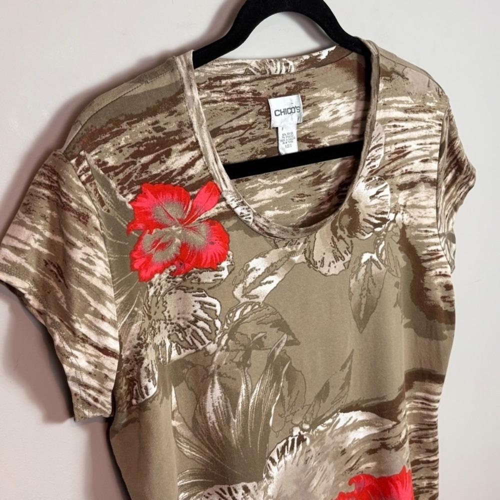 Chico's Womens Rayon Tropical Brown Red Floral Short Sleeve Stretch Tee sz 2/LG - Picture 2 of 8